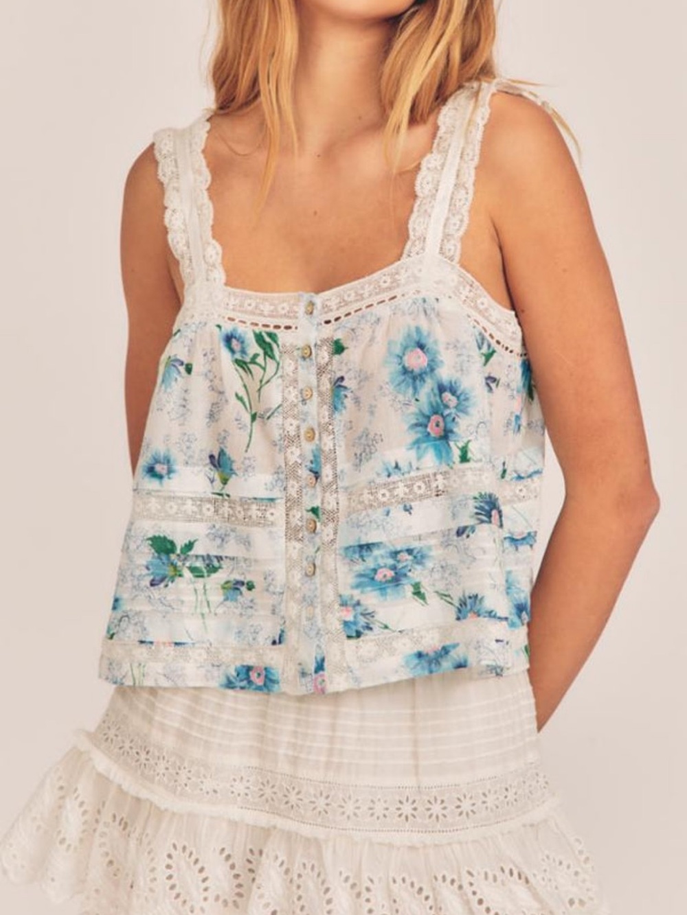 LoveShackFancy Sully Top Blue Floral Lace Camisole Tank Top